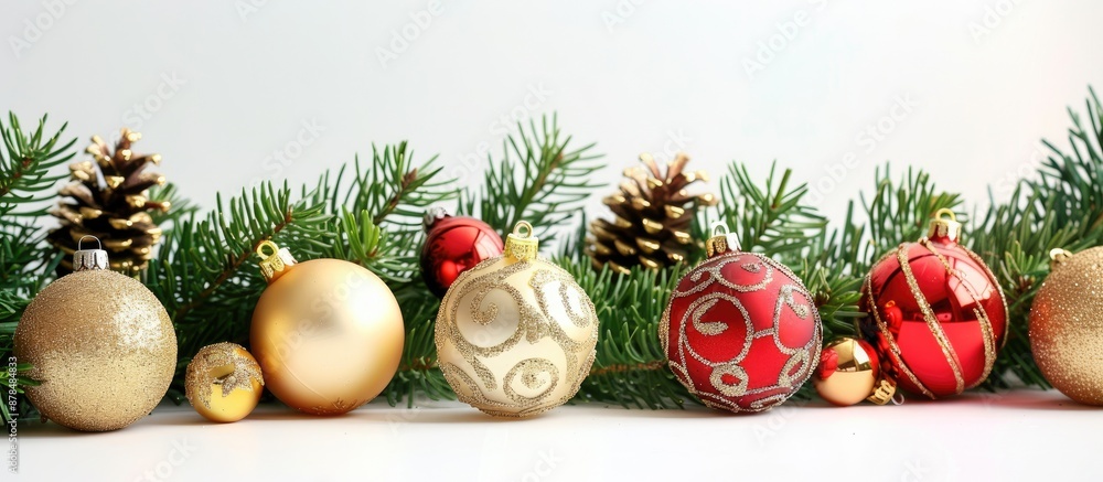 Poster festive christmas ornaments and fir branches with decorations arranged against a white background, s