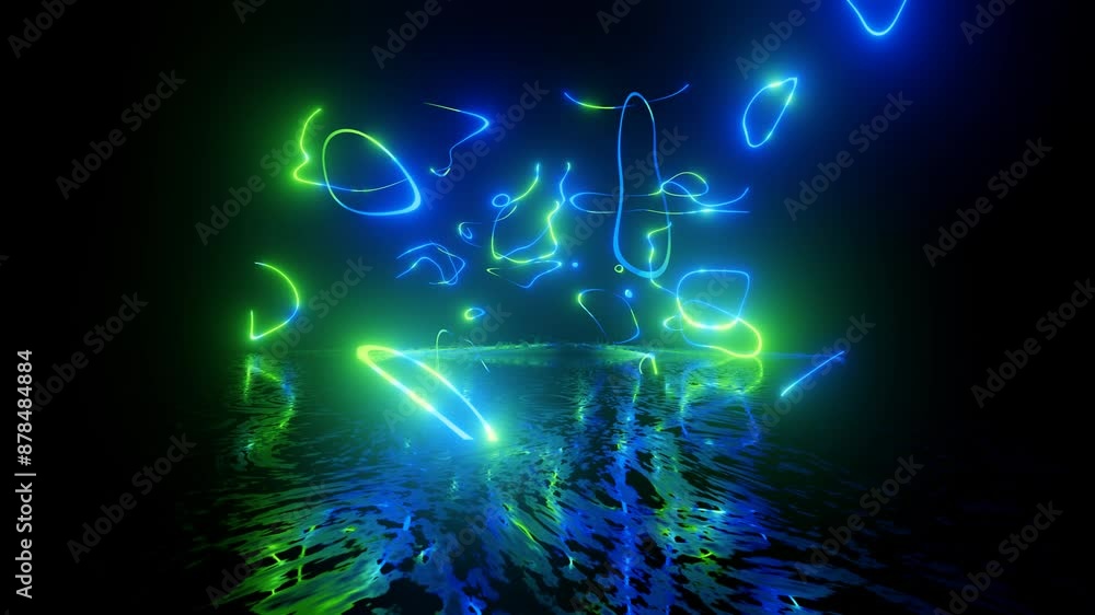 Poster neon design of wall pattern of blue green neon lightning 4k video with various neon elements and a r