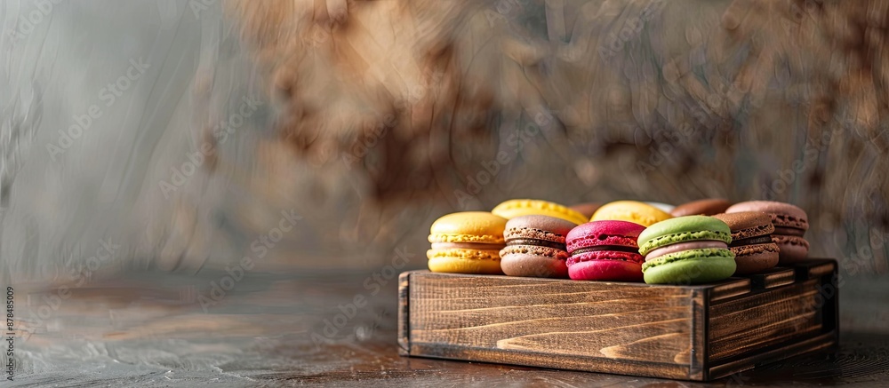 Poster colorful french macaroons in a wooden box displayed on a table for a restaurant, bakery menu, or rec