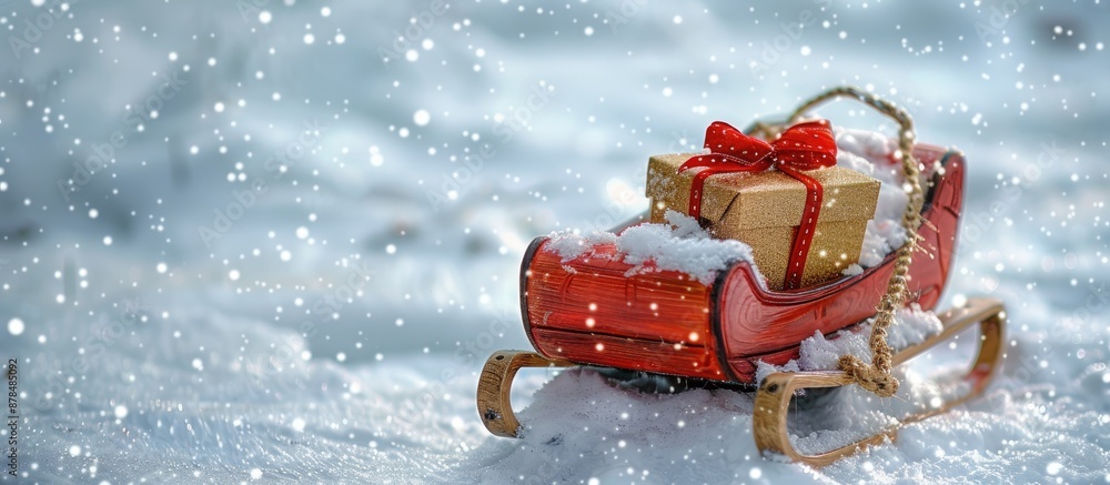 Poster christmas composition featuring santa's sleigh with a xmas gift on a white snow background, perfect 