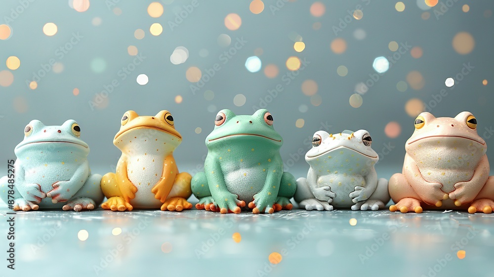 Poster a cluster of frog sculptures perched together on a azure platform against a backdrop of soft light