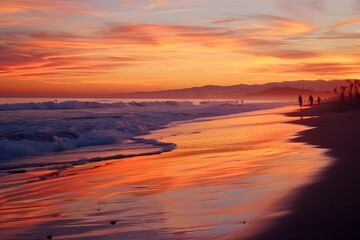 A scenic sunset at the beach with silhouettes of people walking along the shore, the sky painted with vibrant orange and pink hues, and gentle waves lapping the sand