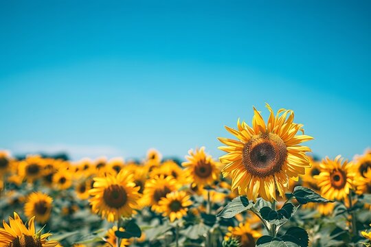 A serene sunflower field in full bloom, with a clear blue sky above and the sunflowers stretching as far as the eye can see, basking in the summer sun 