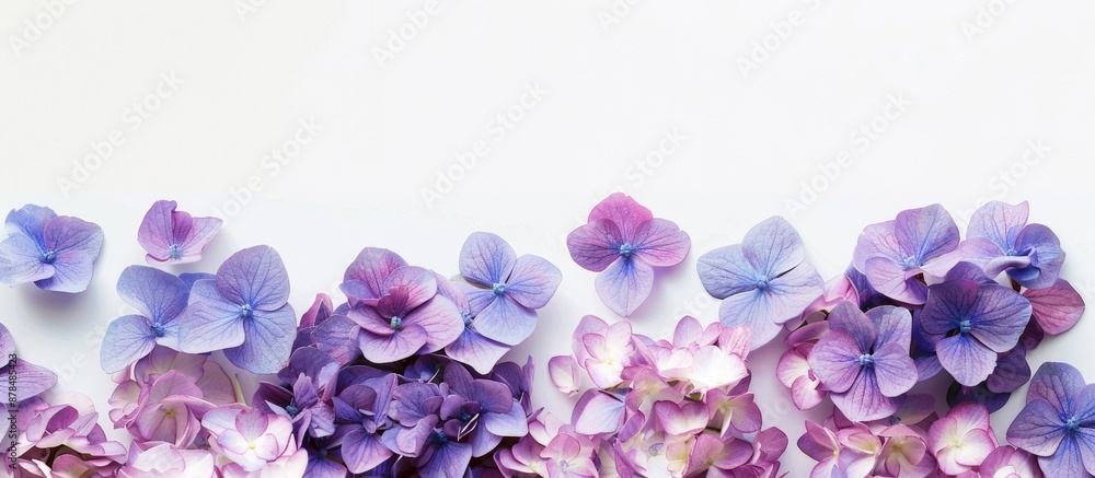 Poster border of hortensia flowers on a white background with copy space image.