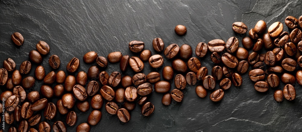 Poster coffee beans spread out on a black table with copy space image.