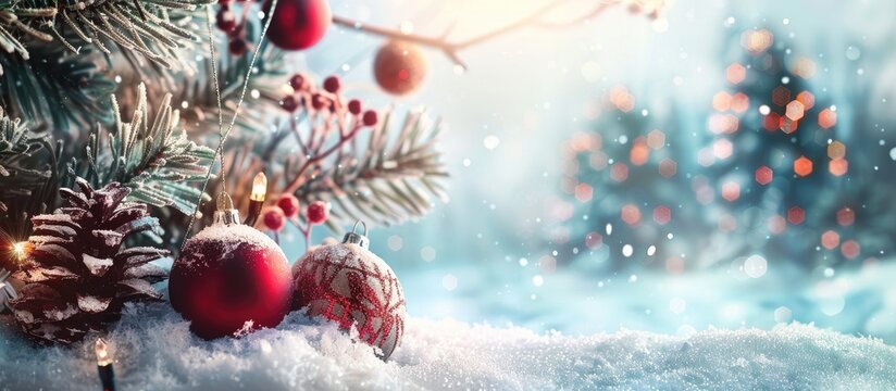 Celebrate the festive season with a charming winter landscape complete with snow and beautiful decorations against a copy space image.