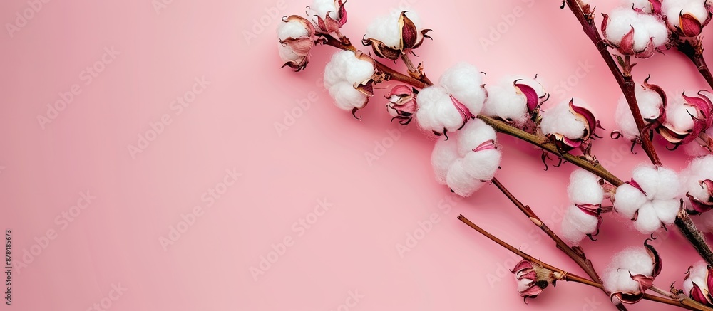 Poster Close-up view of a lovely cotton branch with fluffy flowers against a pink backdrop, ideal for adding text with copy space image.