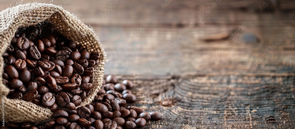 Poster Burlap sack filled with coffee beans, displaying copy space image.