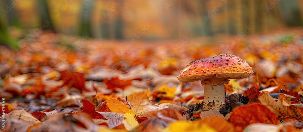 Poster fall leaves surround a mushroom growing on the ground, creating a picturesque scene with ample copy 