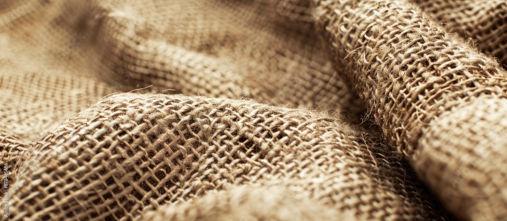 Aufkleber close-up of woven cotton fabric with beige and brown flecks, against a textured burlap background, a