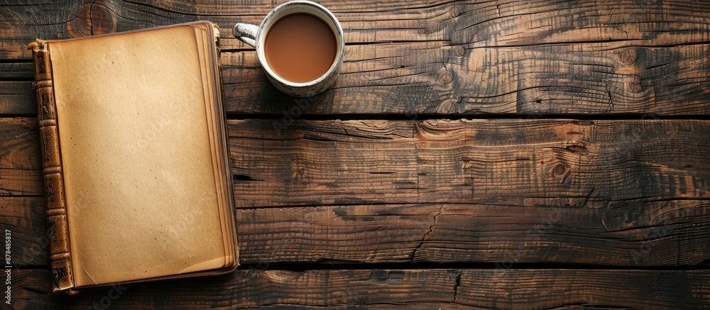 Poster an old wooden background frames a blank book alongside a cup of coffee, with space for additional co