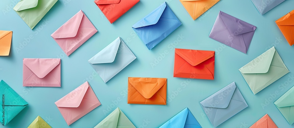 Poster Colorful envelopes arranged randomly on a light blue background in a top view copy space image.