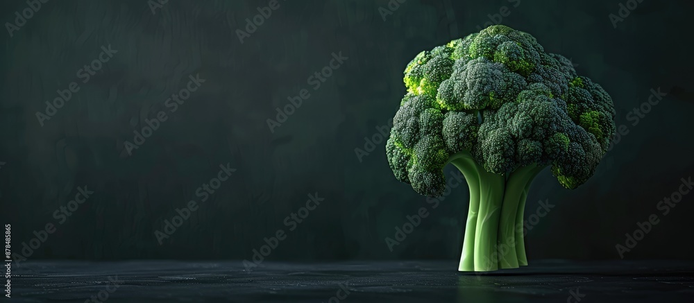 Poster broccoli displayed whole and in florets against a dark backdrop, with copy space image.