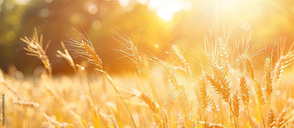 Poster close-up view of a rye field on a hot summer day with a natural background perfect for adding text. 