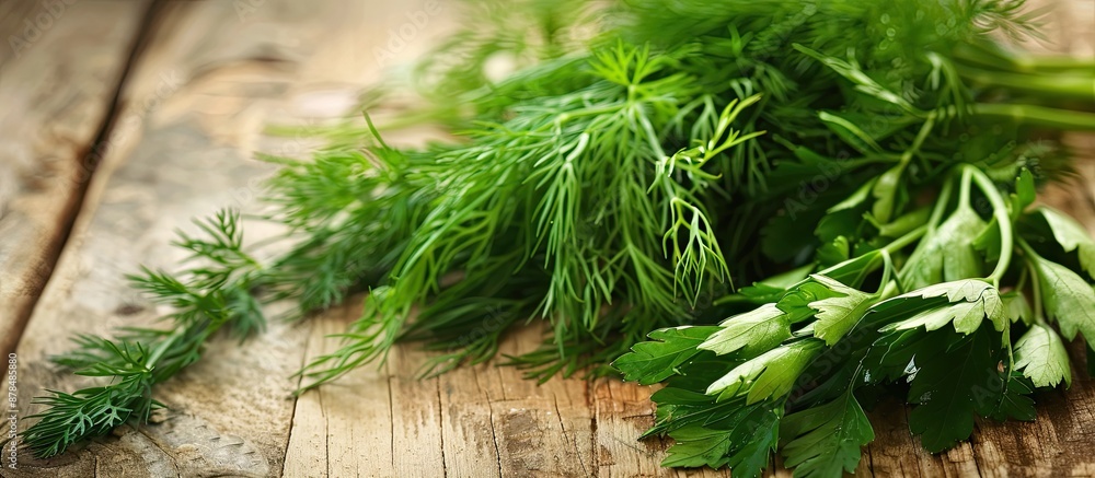 Poster closeup of dill and parsley on a light wooden table creating a picturesque copy space image.