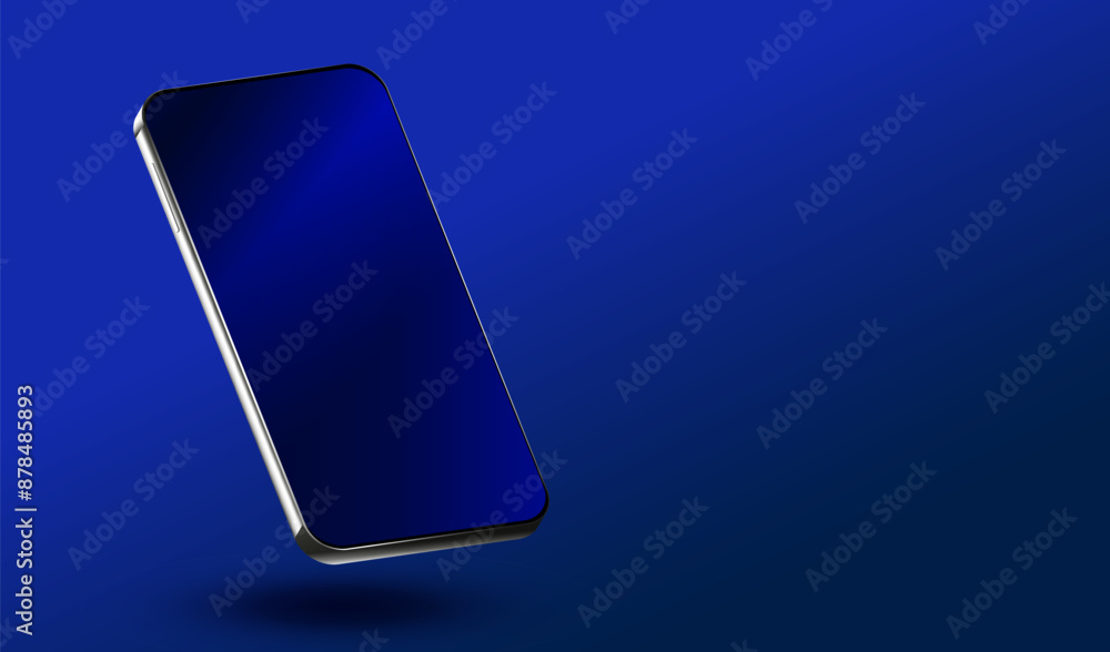 Poster smartphone in perspective view with modern dark blue surface. phone exclusive glass screen hanging o