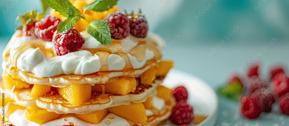Aufkleber close-up of appetizing pancakes adorned with fresh mango, raspberries, yogurt, mint, and honey on a 
