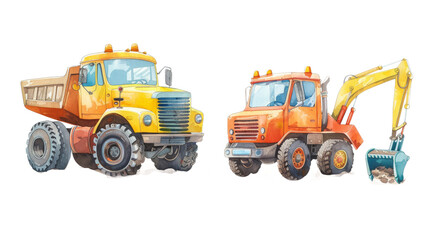 Naklejka premium Cute Construction Vehicles: Adorable Cartoon Style Trucks for Kids' Designs isolated on transparent background, Png file