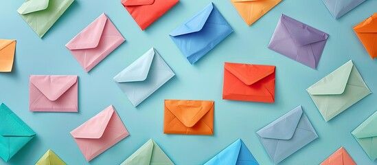 Colorful envelopes arranged randomly on a light blue background in a top view copy space image.