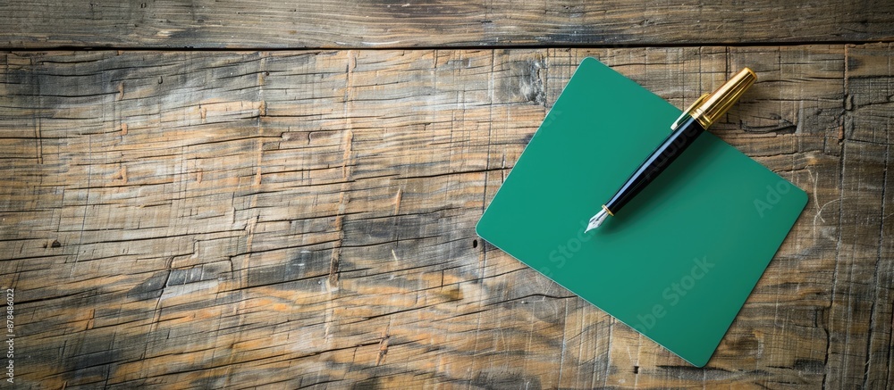 Poster elevated view of a green card and pen on a textured wooden desk, offering a copy space image for you