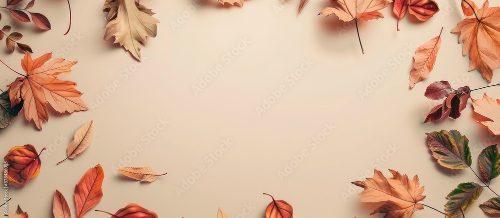 Aufkleber colorful autumn leaves surrounding a blank copy space image set against a subtle beige backdrop.