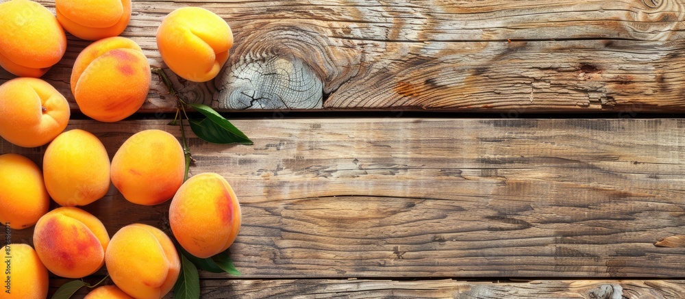 Aufkleber Close-up shot of ripe apricots displayed on a wooden table with copy space image.