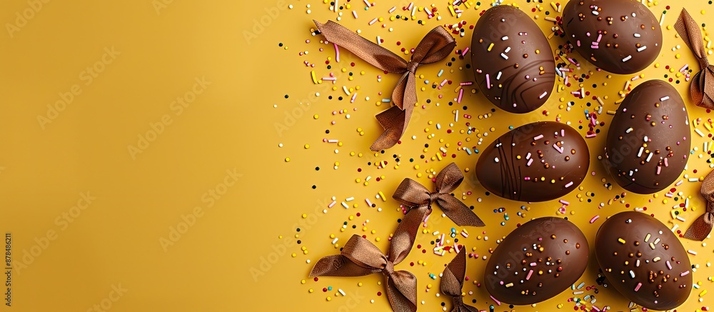 Aufkleber Flat lay composition of sweet chocolate eggs adorned with bows and sprinkles on a yellow backdrop with ample copy space image for text.