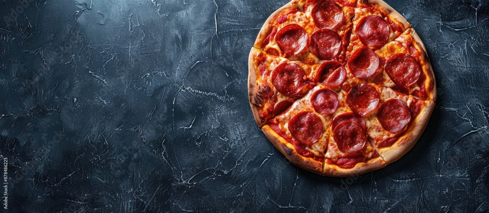 Poster delicious pepperoni pizza displayed from above on a dark concrete backdrop with space for additional