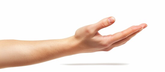 An elegant hand with an open gesture, isolated on a white background with a clipping path for a copy space image.