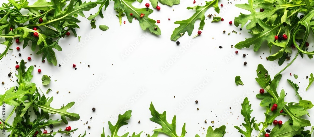 Leinwandbilder arugula leaves in a green frame with red and black pepper on a white background, suitable for adding
