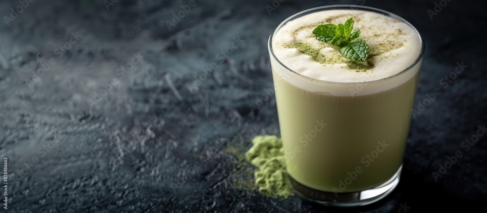 Poster Close-up of a matcha latte and milk foam topped with a mint leaf in a glass on a black background, perfect for text with copy space image.