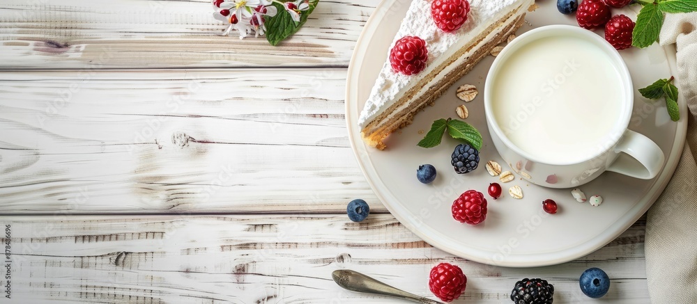 Poster breakfast scene with milk, cake on white wood. healthy food setting. ideal for text placement with c