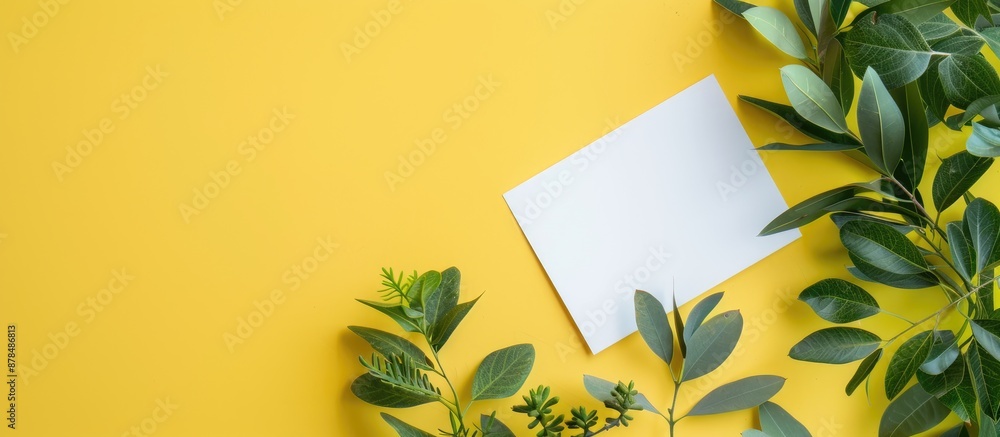 Poster flat lay mockup featuring a composition of green foliage, an acacia branch, and white paper on a yel