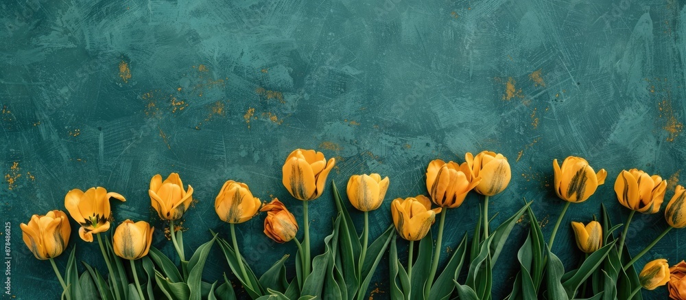 Poster aerial view of vibrant yellow tulips arranged on a green surface creating a captivating copy space i