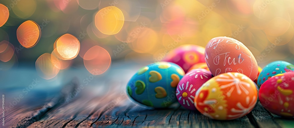 Poster Easter eggs on a Happy Easter greeting card with a soft focus and bokeh effect, captured from a top view to display a copy space image.