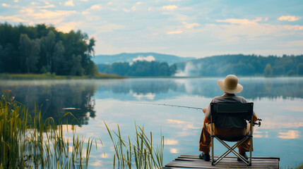 Back view of a fisherman wearing a straw hat and sitting on a fishing chair, fishing on a lake at summer morning