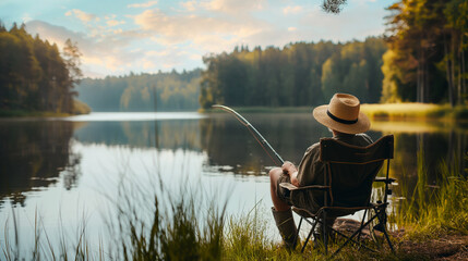 Back view of a fisherman wearing a straw hat and sitting on a fishing chair, fishing on a lake at summer morning