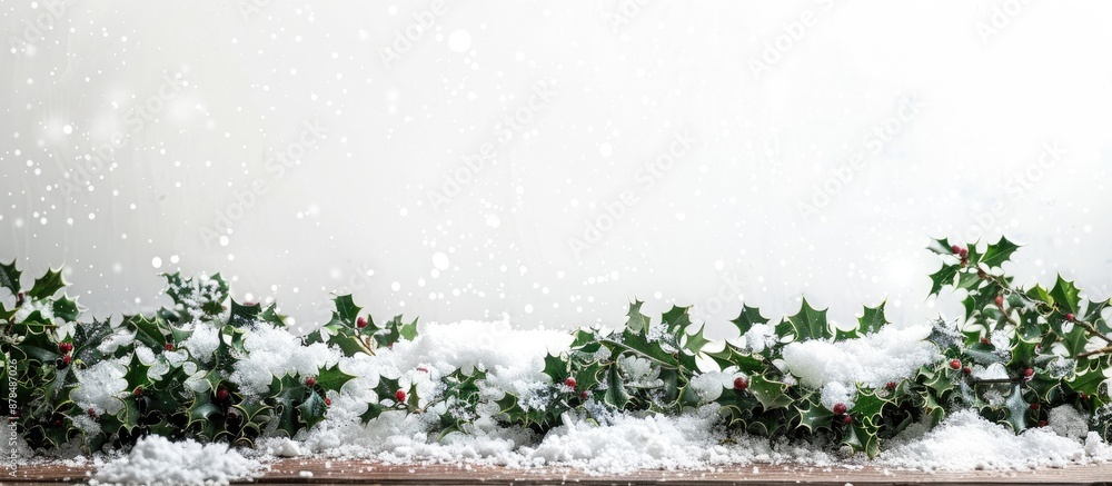 Poster Christmas season setting with a pile of snow on a wooden surface against a white backdrop, creating a festive copy space image.