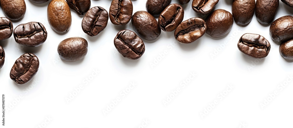 Poster Close-up view of roasted coffee beans against a white background with ample copy space image.
