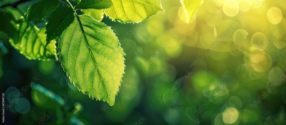 Poster blurry green nature background with a leaf in a garden setting, perfect as a backdrop or wallpaper w