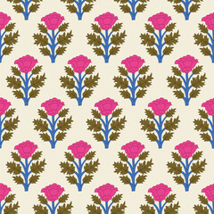 Indian Traditional Kalamkari Floral Block Print Booti Design Allover Seamless Repeat Pattern