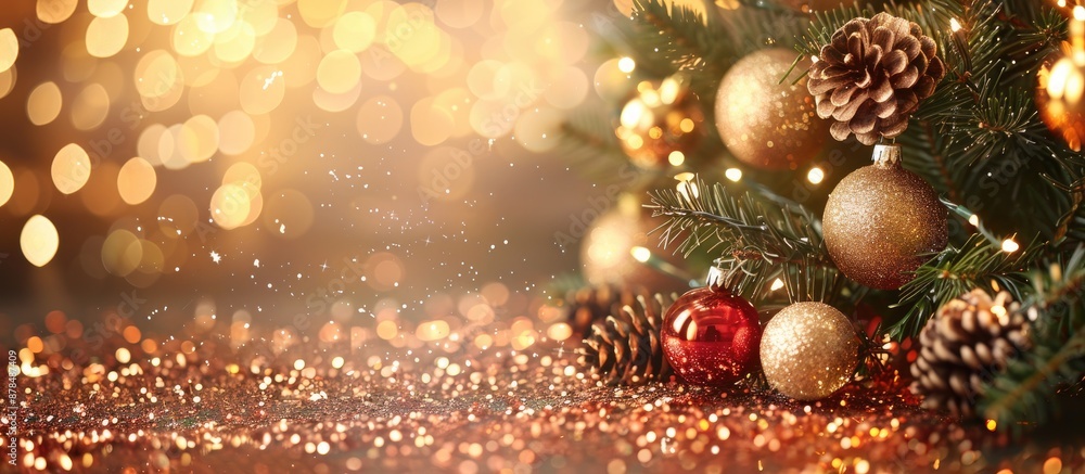 Poster Christmas card featuring fir tree and decorations on a sparkling backdrop with ample copy space image.