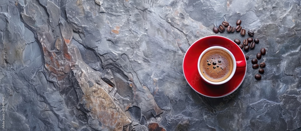 Poster flat lay image featuring black coffee in a red cup with coffee bean decoration on a stone table, wit