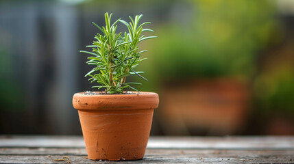 Rosemary herb growing in a clay container