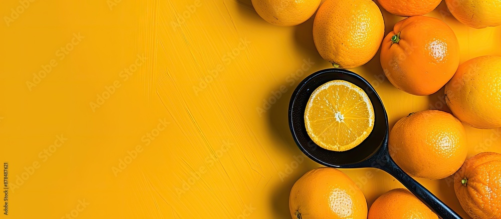 Poster An orange slice in a spoon surrounded by a bunch of oranges, against a backdrop with ample copy space image.