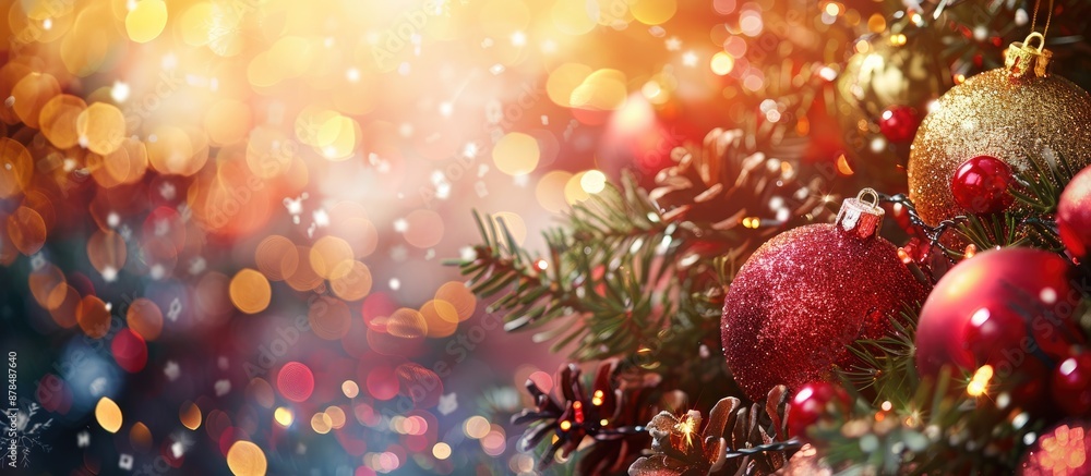 Poster Festive Christmas decorations create a border on an abstract New Year's backdrop with a focused copy space image.