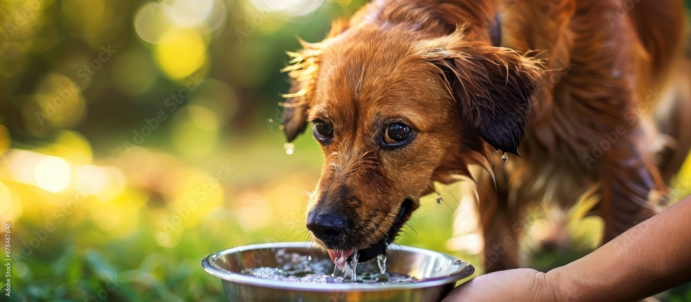 Poster caring for animals involves providing hydration to a dog in hot weather, as seen in a pet portrait w