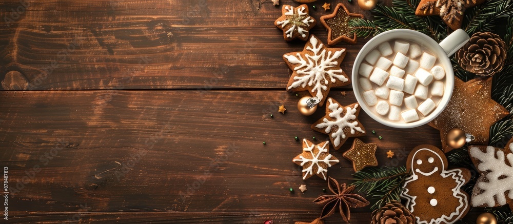 Poster christmas and new year card featuring a cup of hot cocoa with marshmallows, gingerbread cookies, and