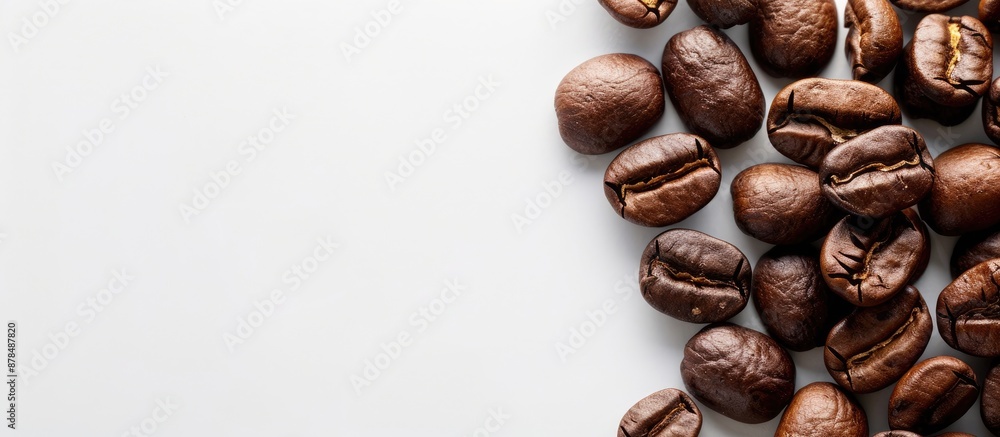 Poster close-up view of roasted coffee beans against a white background with ample copy space image.