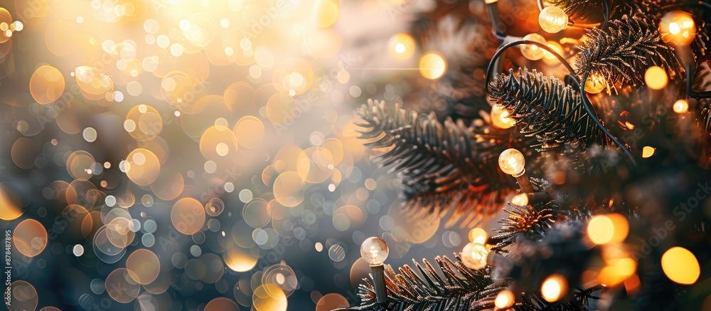 Poster festive banner with a blurred bokeh background featuring light bulbs and christmas tree branches, pe